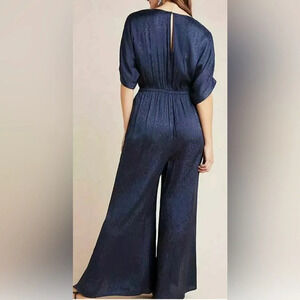 NEW Anthropologie Maeve Jacquard Jumpsuit  Jacqueline Navy Blue holidays rare S